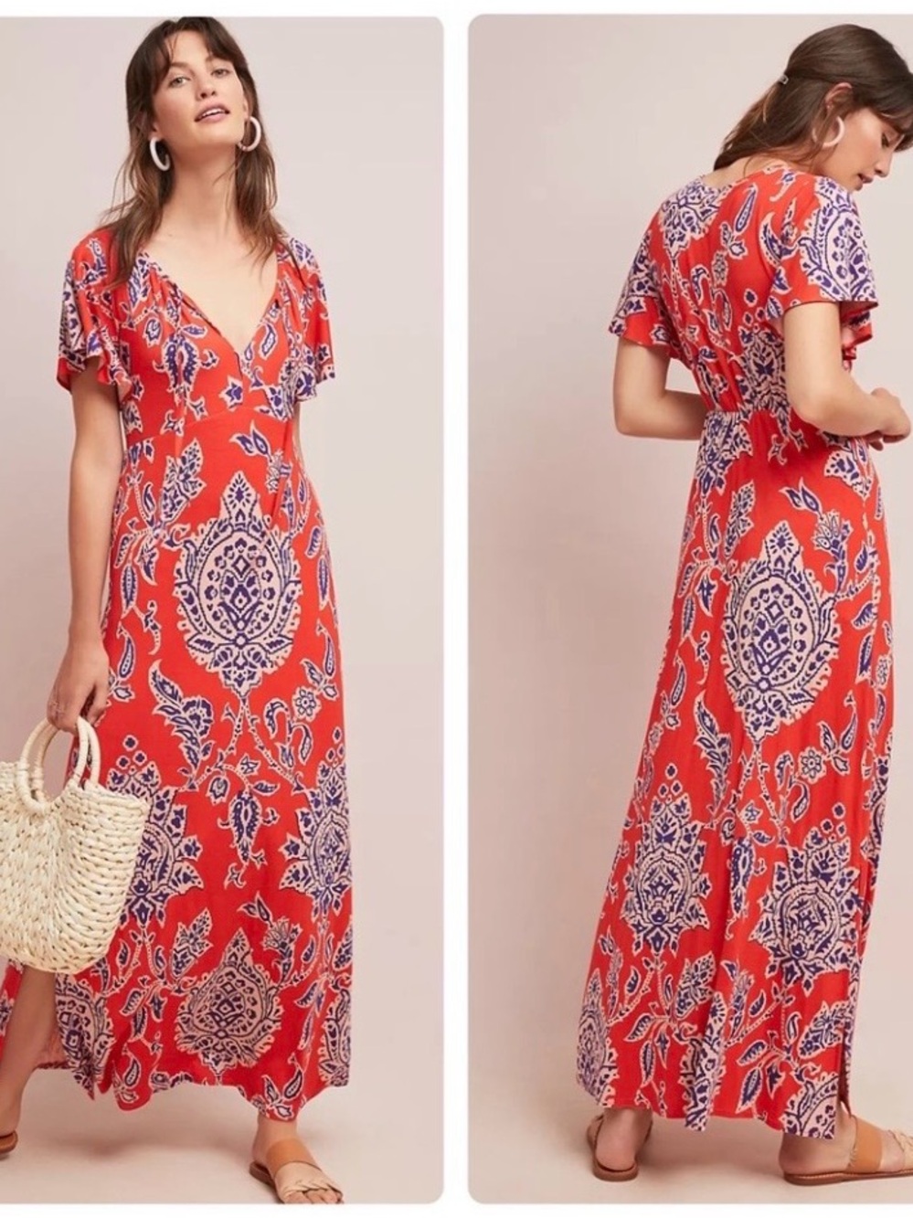 Anthropologie Red and Blue Paisley Maxi Dress